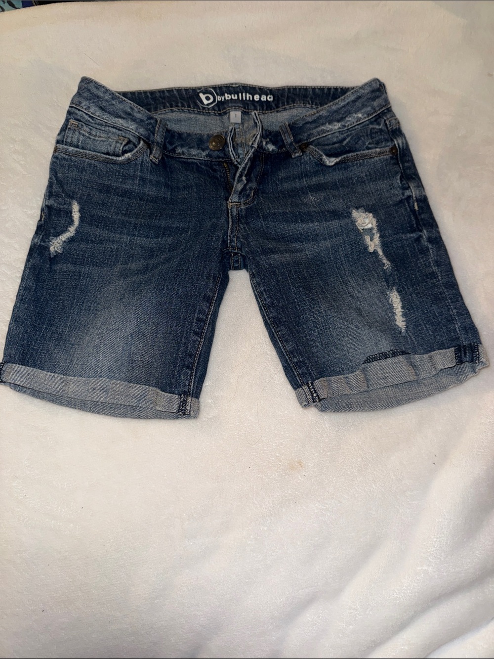 Bullhead Dark Blue Distressed Folded Hem Jean Shorts